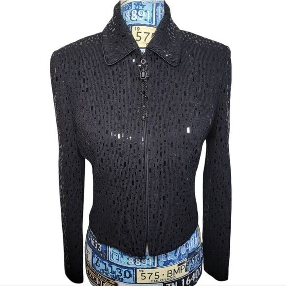 Rare St.John Evening Marie Gray Sequin Cardigan Zip-Up pailette Black 4 knit - Picture 3 of 13